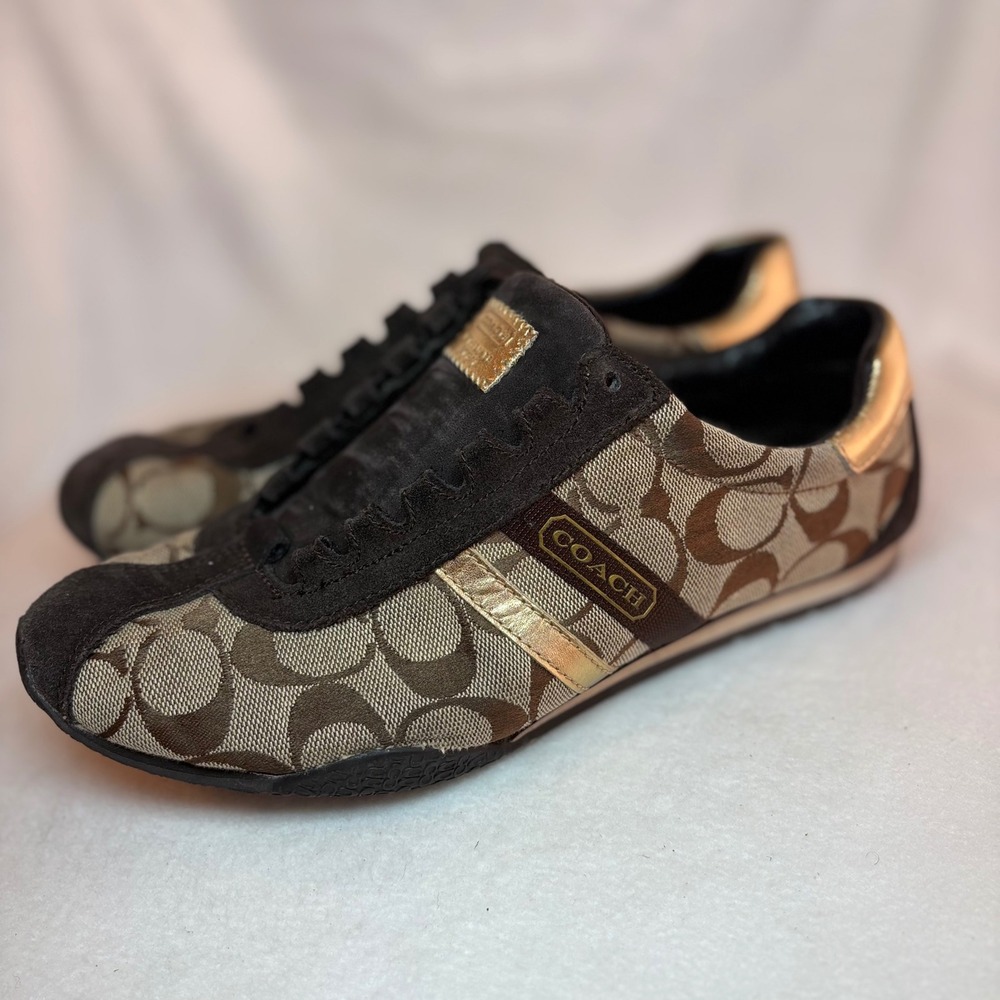 Coach Katelyn Brown Signature Monogram Canvas Suede Sneakers Gold Trim Q300 9M